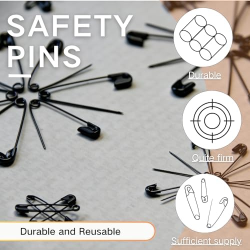 350Pack Black Safety Pins for Clothes 5 Assorted Sizes Strong Heavy Duty