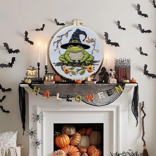 Floral Witch Hat Embroidery Kit Halloween Cross Stitch Material Set with Bat Skull Flower Pumpkin Patterns, DIY Hand Needlepoint Embroidery Craft Kit for Beginners Professional (Witchy Frog)