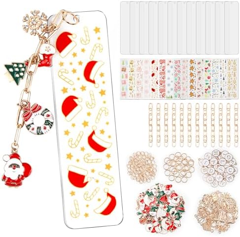 245PCS Acrylic Bookmark Blanks(2mm) Thicken 12 DIY Bookmark Making 15 Christmas UV DTF Sticker 76 Christmas Charms 12 Extender Chains and 130 Jump Ring Suitable for DIY Crafts Gifts