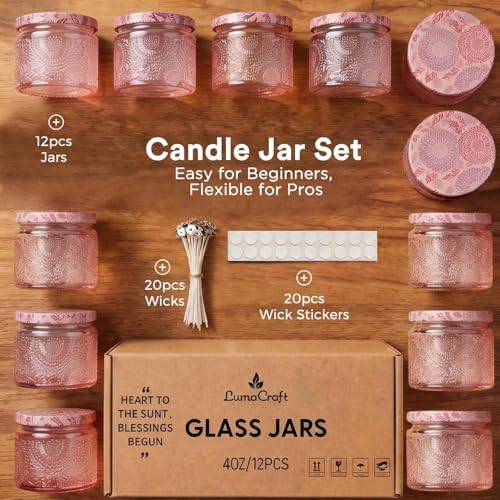LumaCraft Luxury Embossed Glass Candle Jars for Making Candles - 12 Pack 4oz Empty Candle Containers with Airtight Metal Lids, 20 Wicks & 20 Stickers, Colored Glass Jars for Gifts & Decor