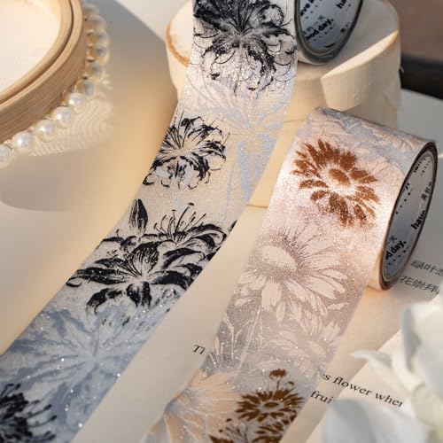 Vintage Landscape Butterfly Plant Flower PET Tape Stickers For Journaling Scrapbooking Laser Silver Ink Floral PET Tape Junk Journal Decorations Collage Tapes Set Scrapbook Stationery Planner Stickers