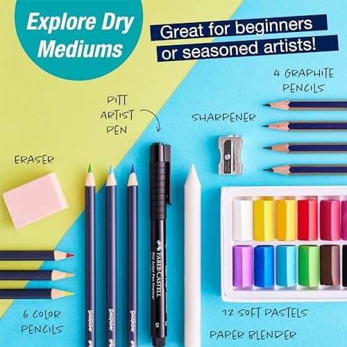 Faber-Castell Try It Box: Dry Mediums, 26 Piece Sketching Coloring Art Set with Colored Pencils, Graphite Pencils, Pastels, Pitt Artist Pen and Art Tools