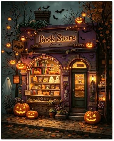 WULINHUAFA Halloween Paint by Numbers Adults Beginner 16x20 Inch | Book Shop Adult Paint by Number Kits, DIY Acrylic Oil Easy Painting by Numbers for Gifts Home Wall Decor Without Frame