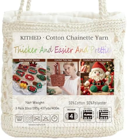 Cotton Chainette Yarn,4 Medium (Worsted)-10oz,3 Pack,Knitting Yarn for Beginners,Thicker for Crocheting and Knitting (14 Emerald Green)