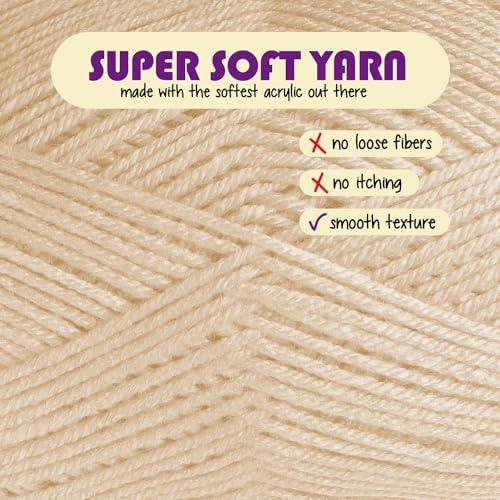 Acrylic Yarn for Crocheting & Knitting – Soft Crochet Yarn for Crocheting, 3 Pack of 370 Yards, Perfect for Crafts & Amigurumi, Medium Worsted Weight 4, Beige