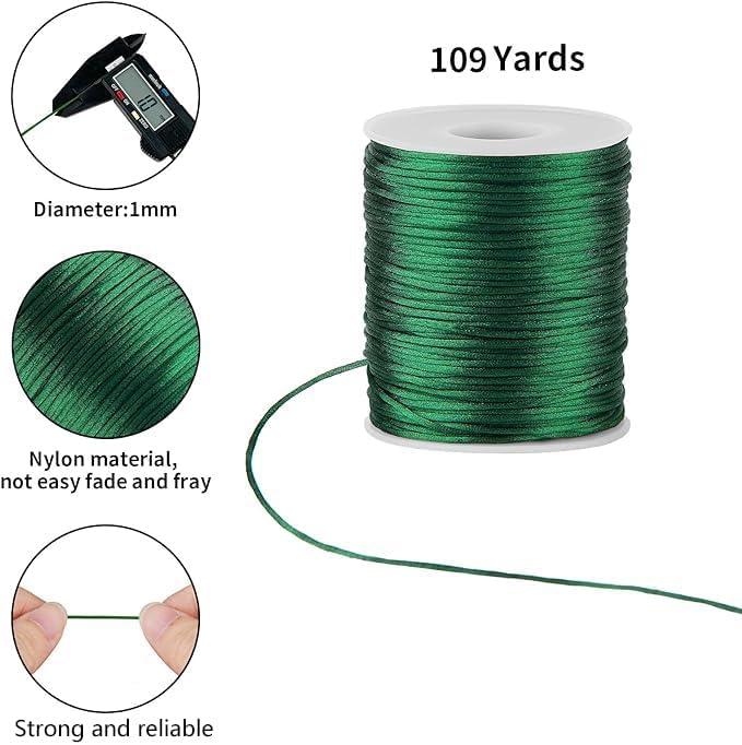 Green Nylon String Cord - 1MM 100 Yards Braided Nylon Bracelet Twine Thread for Bracelet Making, Green Rope Christmas Ornament String for Crafts, Necklace Jewelry Thread for Macrame Satin Cord