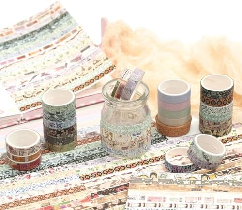 YUBBAEX Vintage Washi Tape Pack 50 Rolls Retro Printed Masking Tape Antique Patterns Decorative for Arts, DIY Crafts, Journal Supplies, Planners, Scrapbook, Card/Gift Wrapping