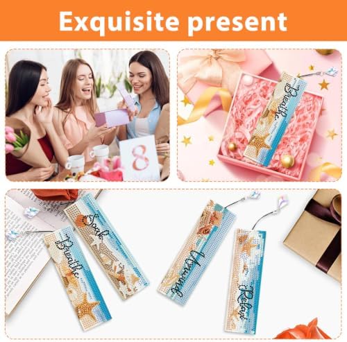 Mandun 4 Pcs Diamond Painting Bookmark Kits, Special Shaped Diamond Art Bookmarks with Pendant, DIY Beach Diamond Art Bookmarks with Tassels Crafts Gifts Supplies