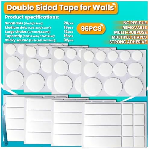 Double Sided Tape for Walls, Picture Hanging Strips Removable Mounting Dots | No Glue Residue Adhesive for Art Craft, Decoration, Balloon, Party Supplies, Multipurpose