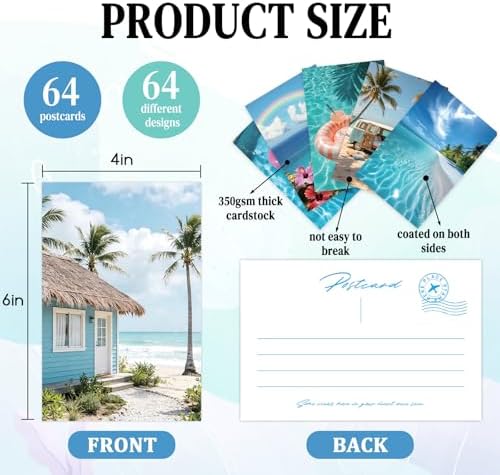64Pcs Coastal Room Decor, Summer Beach Blue Postcards for Mailing, Beachy Posters Wall Decor for Teen Girls Dorm Bedroom, Beach Photo Collage Kit Blue Ocean Decor, 4x6