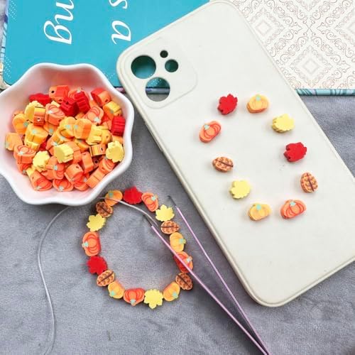 Polymer Clay Fall Pumpkin Maple Loose Spacer Beads, 10mm Thanksgiving Autumn Maple Leaves Pumpkin Beads Charms for DIY Hair Clip Necklace Bracelet Jewelry Earring Handmade Craft Making