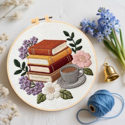 FREEBLOSS 4 Sets Embroidery Kit for Beginners Needlepoint Embroidery Starter Kit with Coffee and Book Stamped Patterns, Instructions, Colored Threads, 2 Hoops 20cm/7.9inch