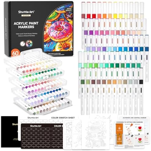 Shuttle Art Automatic Ink Control Acrylic Paint Markers, 60 Colors Brush Tip Acrylic Paint Pens for Rock, Ceramic, Wood, Canvas, Glass, Stone, Fabric, Card Making, DIY Football Crafts, FlipFunAlong