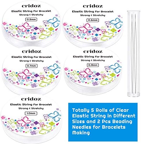 Stretchy String for Bracelets, Cridoz 5 Rolls Clear Elastic String Stretch Cord Jewelry Bead Bracelet String with 2 Pcs Beading Needles for Seed Beads, Pony Beads