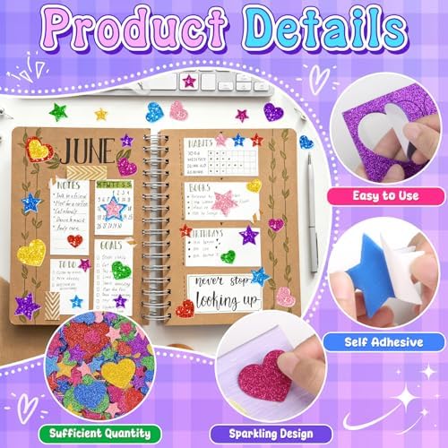 1000 PCS Glitter Foam Stickers, Foam Heart and Star Stickers, 8 Colors