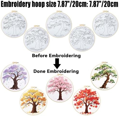 ORIGACH 5 Pcs Seasonal Tree Embroidery Kit for Beginners, Stamped Design Embroidery Starter Kit Includes Cloth, Hoops, Threads & Needles