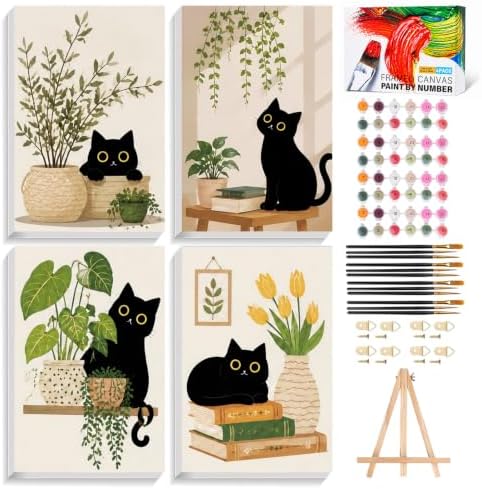 AUKELHJ 4 Pack Framed Paint by Numbers Kit for Adults, Cat, 8x12 inch | Paint by Number for Adults, Beginner Friendly, Framed Canvas, Easel Included, Fun and Relaxing, Gifts Box, Home Wall Decor