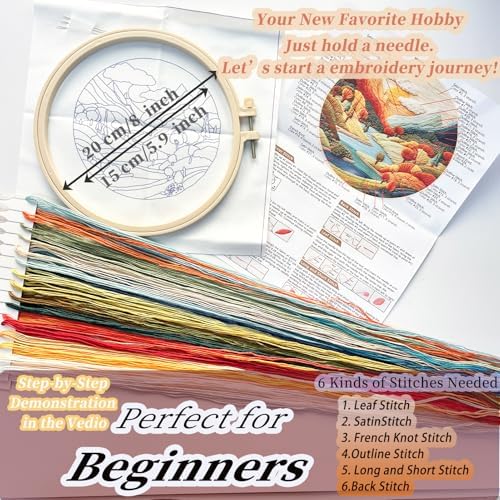 FONNUY Embroidery Kit for Beginners, Brightly Colored Landscape Lake Pre-Stamped Pattern Kits for Adults with Hoop, Easy to Follow Color Thread Needlework, 8'' Hoop (Lightblue)