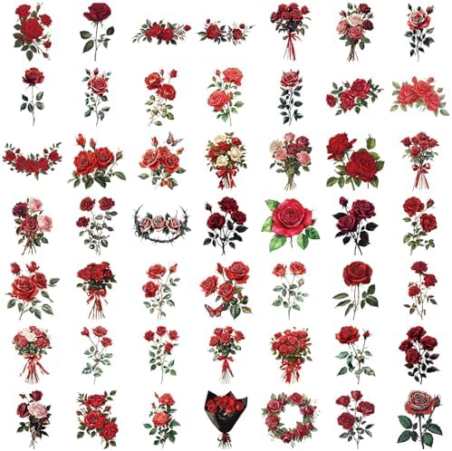 50Pcs Red Rose Scrapbook Stickers Aesthetic Flowers Stickers
