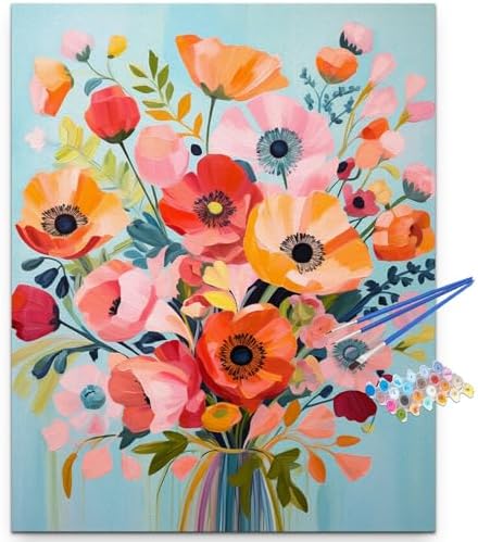 Artunion Abstract Flower Paint by Numbers Kit for Adults,Poppy Flower Paint by Number Kits, DIY Oil Painting Paint by Number Kits on Canvas Arts Craft for Home Wall Decor 16x20 Inch