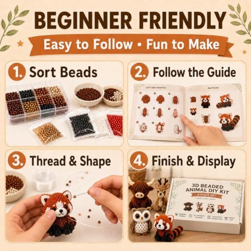 3D Beaded Animal DIY Kit, 4 Piece Craft Set for Adults Teens Beginners, Make Highland Cow Deer Owl Red Panda, Animal Art Project with Color Beads Thread Storage Box Instructions, Gift for Crafters