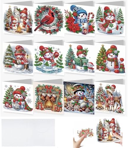 Zyvoreva 12 PCS Christmas Snowman Diamond Art Greeting Cards with Envelopes, Diamond Painting Greeting Cards Kit for Adults DIY Holiday (red)