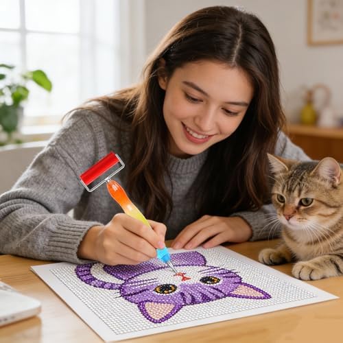 ZYNYXY 17PCS Ergonomic Diamond Art Pen Kits, with Multifunctional Metal Stainless Steel Screw Thin 1, 3, 6, 9, Tips, Correction Placers Roller Accessories(E-Purple+Pink+Color+ 5 PCS Tips)