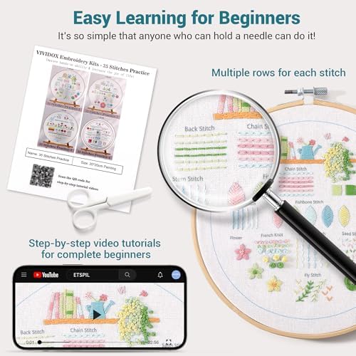 VIVIDOX 4 Sets Embroidery Kit for Beginners Adults, 35 Stitches Practice Kits Cross Stitch for Starter, DIY Hand Craft with Stamped Pattern, Bamboo Hoop, Threads, Needles, Scissors, Tools, Instruction