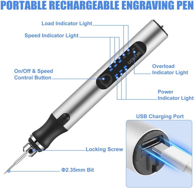 Uolor USB Rechargable Engraving Pen with 42 Bits, Mini Electric DIY Engraver Cordless Rotary Tools Portable Engraving Tool for Jewelry Wood Metal Stone Plastic Glass Etching