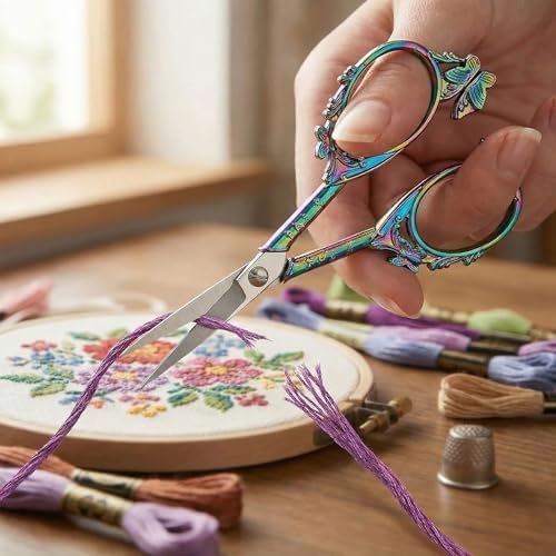 Crochet Scissors with Cover – Rainbow Vintage Small Embroidery Scissors, Sharp Butterfly Craft Scissors for Yarn Thread Sewing Needlework, Pretty Gift for Crocheter Quilter, 4.6 Inch