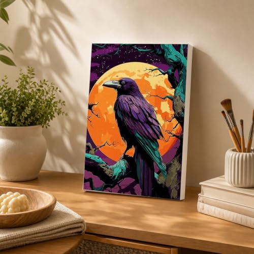 Spandrel Gothic Raven Paint by Number Kits for Adults, Halloween Paint by Number Kits on Canvas, DIY Acrylic Oil Full Moon Painting by Numbers Gitfs for Home Wall Decor, 8x12in