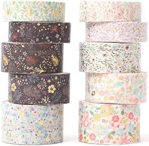 Creative Washi Tape Set 10 Rolls Gold Foil Print Decorative Masking Tapes for Arts, DIY Crafts, Journals, Planners, Scrapbook, Wrapping (Garden Maze)