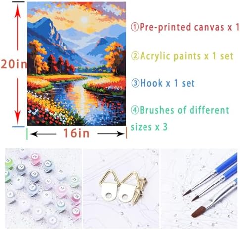 Lovepefe Scenery Paint by Numbers Kit for Adults Flowers Paint by Numbers Mountain Stream DIY Canvas Oil Painting for Gift Home Wall Decor 16x20 Inch