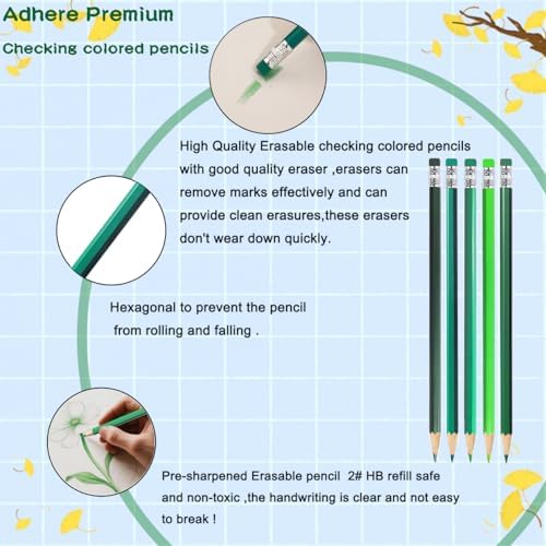 Adhere 25pcs Checking Pencils Erasable colored Pencils Pre-Sharpened #2 HB,for Checking Tests Grading,Map Coloring, editing Office Favors,including a Free sharpener. (Mixed Green)