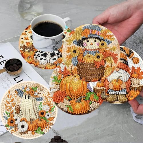 ijbnhd 8 Pcs Diamond Art Coasters Kits Autumn (Cork Wooden Pad)