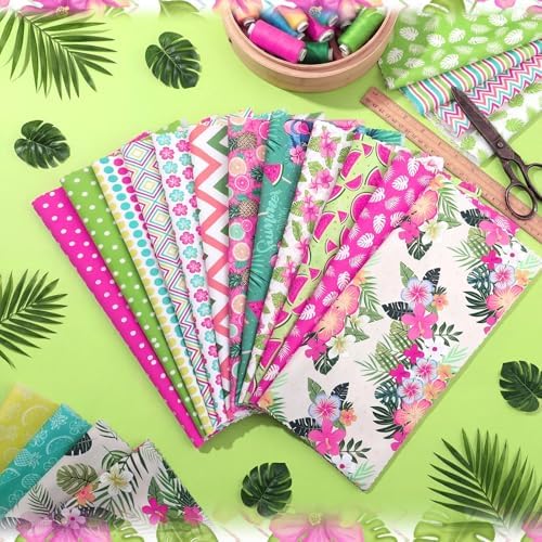 HunnmingRe 20 Pcs 10''x10'' Summer Tropical Quilting Fabric Square Pineapple Watermelon Precut Fabric Bundle Colorful Polka Dot Check Printed Patchwork for Holiday DIY Craft Sewing Material Supplies