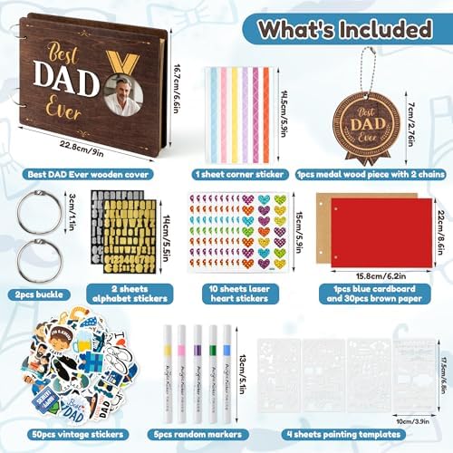 CY2SIDE Best Dad Ever Album Scrapbook - Father’s Day Wooden Scrapbook Craft Kit, DIY Photo Memories Book with 30 Pages Birthday Gift for Father’s Day, DIY Handmade Scrapbook Gift for Dad Grandpa