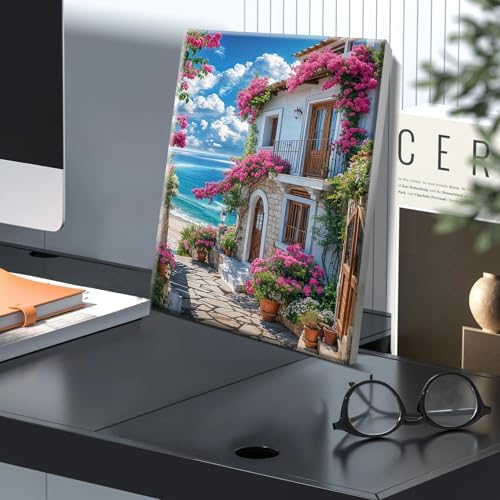 JOOZ Paint by Numbers Kit for Adults with Frame, Seaside Scene Paint by Number with Easel, DIY House Flowers Oil Painting by Numbers, Adult Paint by Number Kits Landscape for Wall Decor 8x12 Inch