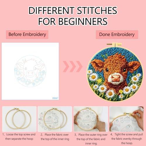 Zhenqing Cow Embroidery Kit for Beginners, Cute Farm Animal Needlework Craft with Pre-Printed Cotton Fabric, Hoop, Threads & Tools, Farmhouse Decor (C0067)