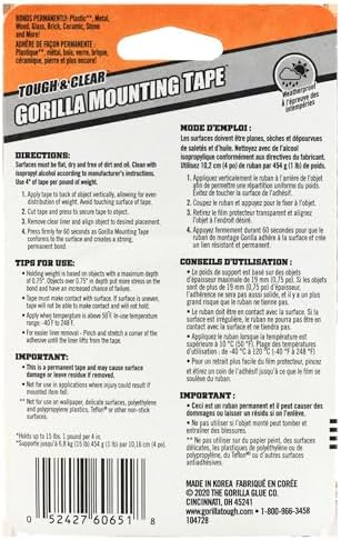GORILLA Invisible Hold Mounting Tape, Holds Up to 15 lbs, Clear, 1" x 60" (Pack of 6)