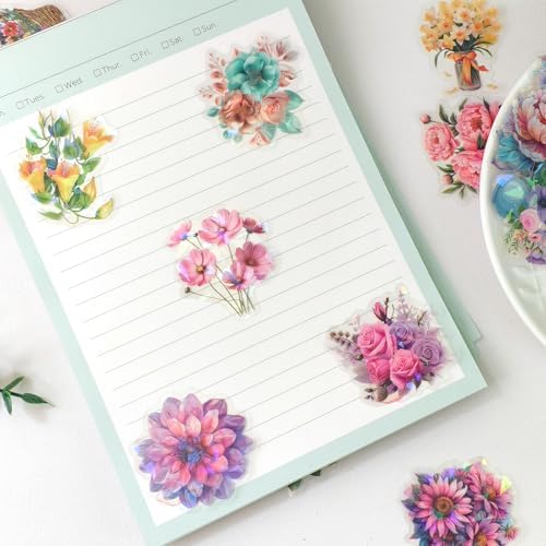 Ychsring Sparkly Botanical Floral Stickers - 50 Pcs Clear PET Glitter Nature Plant Flower Stickers for Scrapbooking, Journal, Collage - Holographic Transparent for Resin, Craft, Scrapbook Supplies