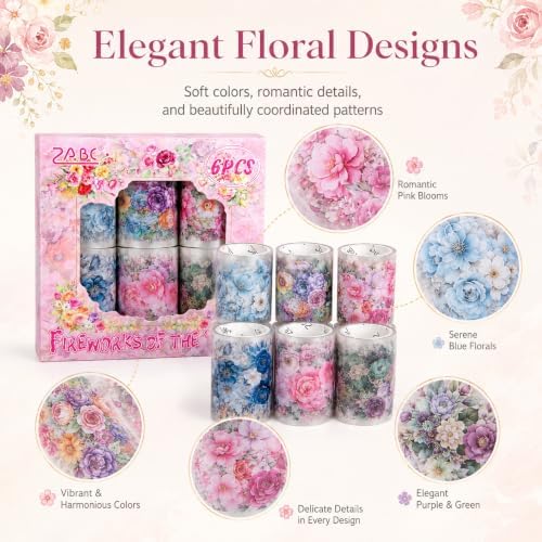Vintage Floral Wide Washi Tape, 6 PET Rolls for Journaling Crafts | 6 wide PET rolls for journaling supplies, scrapbook supplies, junk journals, card making, DIY crafts and gift wrappin