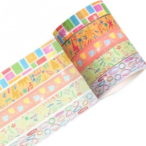 Cute Pattern Washi Tape Set 5 Rolls Glitter Cover Decorative Wide Kawaii Masking Tapes for Arts, DIY Crafts, Journals, Planners, Scrapbook, Wrapping (12 Bright Colors)