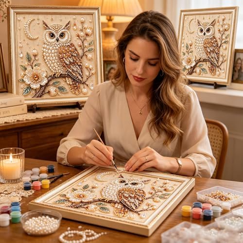 Pearl Art Kits for Adults Bird Flower DIY Beaded Embroidery Kits with Crystal Rhinestones Pearl Painting Craft Kit with Pre-Printed Canvas Handmade Home Wall Decor Gift (Owl)