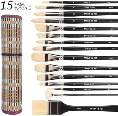Falling in Art 15 Pcs Professional Oil Paint Brush Set, Natural Hog Bristle