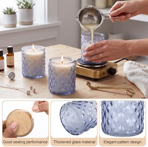 Acellegic 20 Pack Blue Candle Jars for Making Candles 7 oz Empty Glass Jars with Bamboo Lids Cylindrical Candle Containers Bulk for DIY, Table Decor, Wedding Party