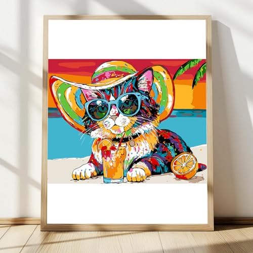 Paint by Numbers Kit for Adults Beginners,Abstract Beach Vacation Cat Frameless Beginner DIY Acrylic Watercolor Oil Painting,Animal Digital Painting for Home Wall Decoration and Gifts (16x20 inches)