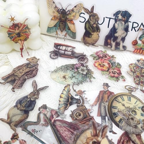 50 Pcs Vintage Victorian Ephemera Stickers – Clear Scrapbooking Supplies with Retro Animals, Flowers, Circus & Antique Objects – Aesthetic Journal Decor for Resin Crafts, Journals, Planners