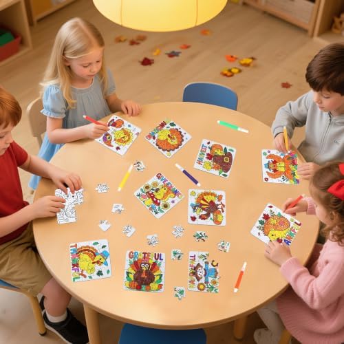 24Set Fall Thanksgiving Crafts for Kids Toddlers Adults, Thanksgiving Art Craft DIY Kit Blank Puzzle Pumpkin Turkey, Autumn Classroom Activities for Party Favors Gift Coloring Games Toys Supplies Bulk