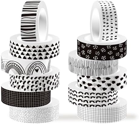 12 Rolls Black and White Rainbow Washi Tape Set Bohemian Themed Decorative Masking Tape for DIY Crafts, Scrapbooking & Gift Wrapping